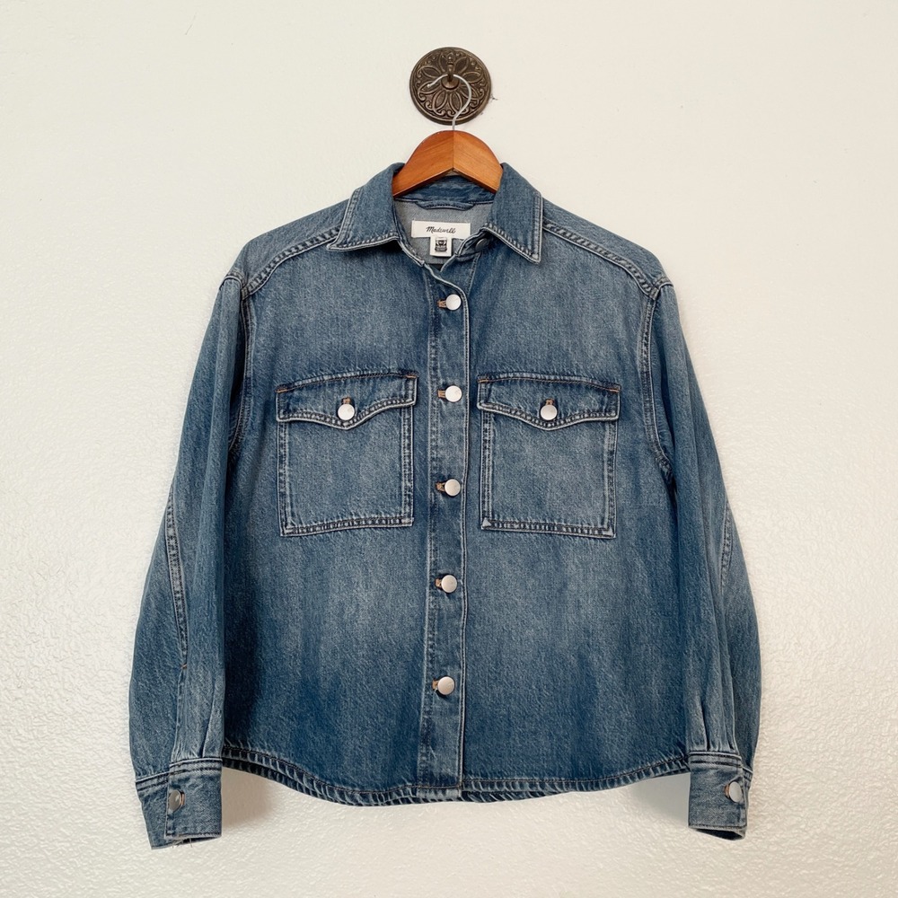 Madewell Denim Shirt Jacket Medium Wash Blue Button Front XS Pocket Shacket